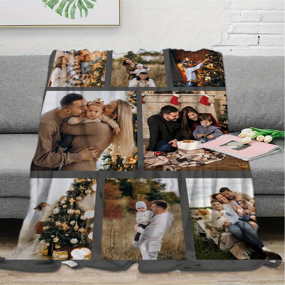 1pc cozy custom photo flannel blanket personalized picture throw for couples family soft warm memory blanket ideal for office bed sofa armchair napping camping travel machine washable     multipurpose polyester knit details 3