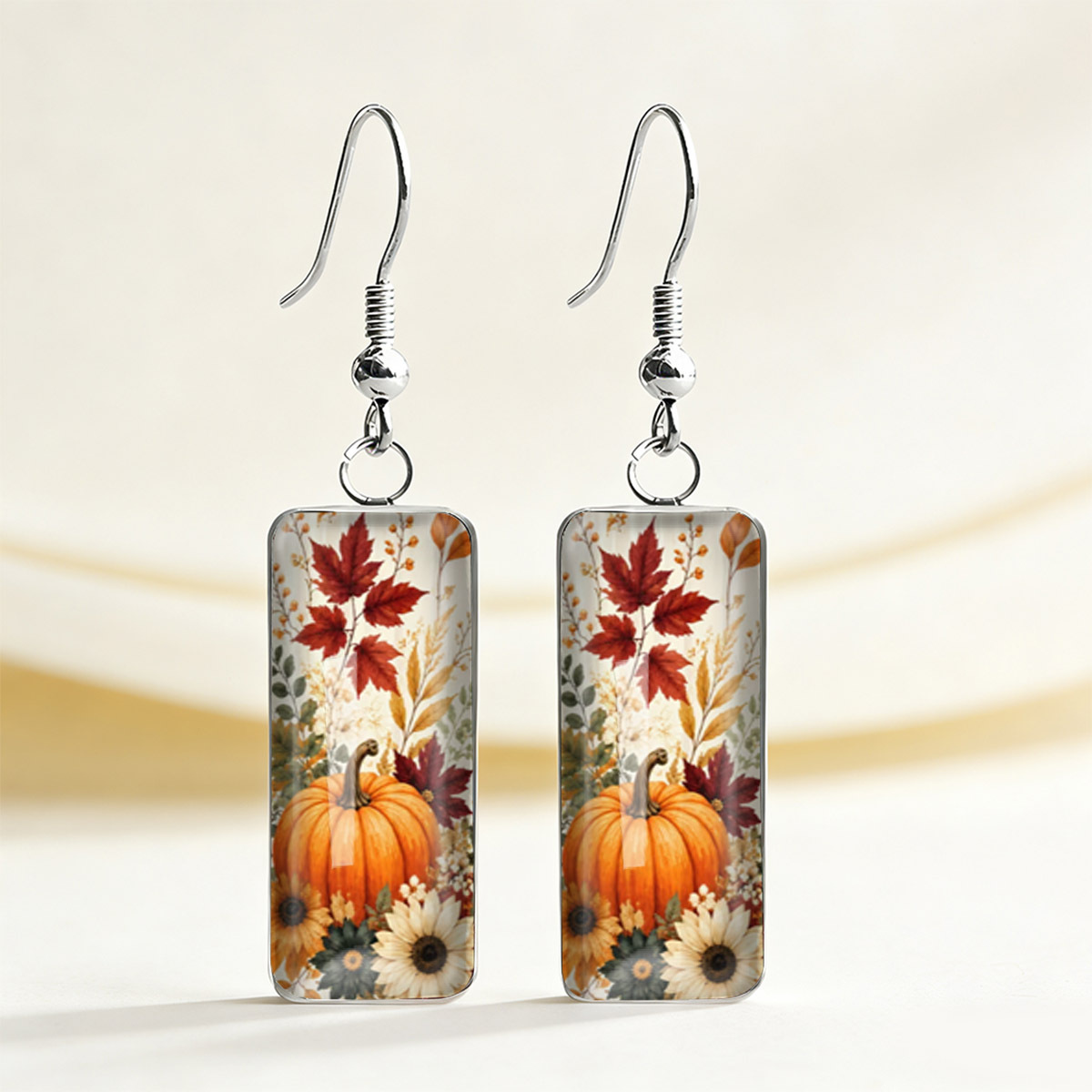 TEMU 1 Pair Of Autumn Pumpkin, Maple Leaf, And Sunflower Print Rectangular Earrings - Vintage Gentle And Unique Earrings