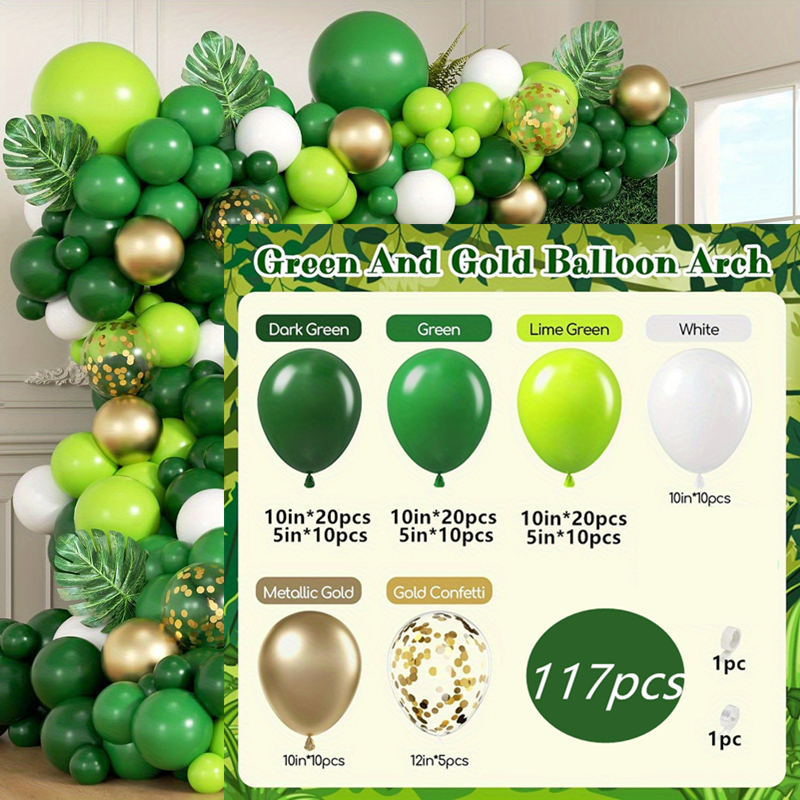 Image of 117pcs For Balloon Garland Arch Kit With Dark Green White Metallic Golden Confetti Balloons Leaves For Birthday Party Wedding Shower Indoor Outdoor Party Decorations For Christmas, Halloween
