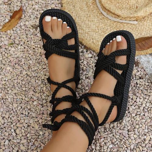 edgy black woven sandals lace up roman thick sole casual vacation shoes women shoes