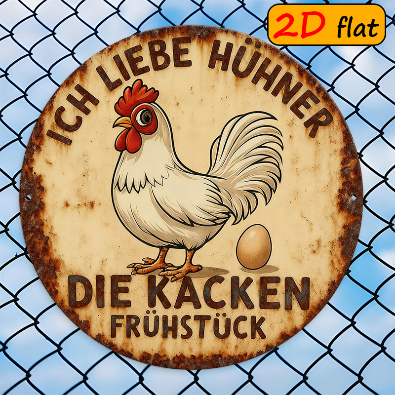 Image of 2d Flat, 1pc, A Round Sign With A Cartoon Rooster And Eggs, Printed With The German 'ich Liebe Huhner Die Kacken Fruhstuck', 7.87×7.87 Inch Outdoor Plaque. Perfect For Kitchens, Restaurants, And