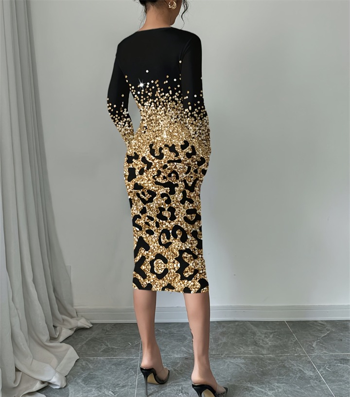 新款秋冬装连身裙时尚豹纹渐变印花圆领长袖中长款连衣裙 商品详情 3