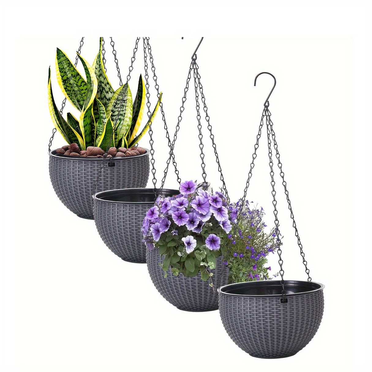 4pcs double pot hanging flower baskets with drainage channels and chain hooks woven plastic weather resistant indoor outdoor use ideal for indoor plants and flowers indoor outdoor decor decorative hanging baskets durable plastic pots hanging baskets for indoor plants