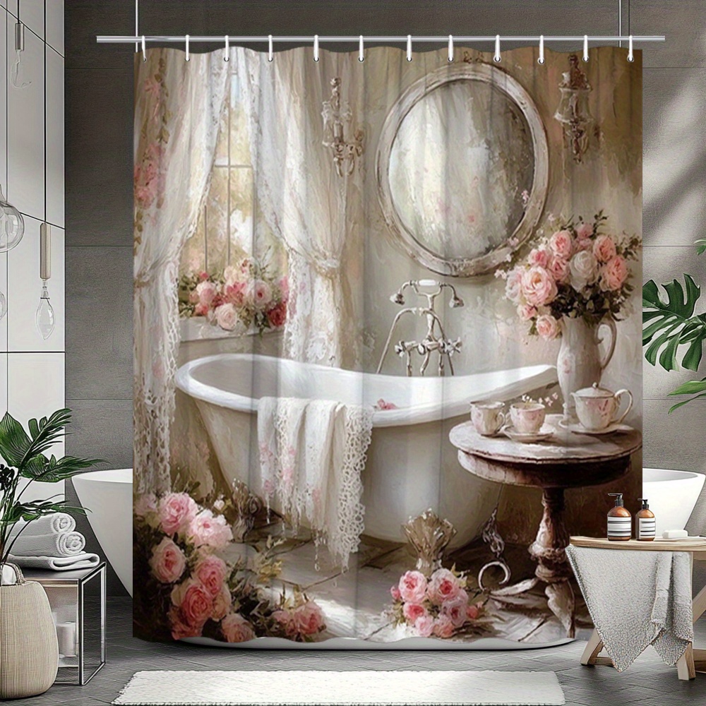 TEMU Rideau de douche de salle de bain vintage plat 2D, [Impression plate 2D] 1pc, rideau de bain à pieds de lion avec bordure en dentelle, roses