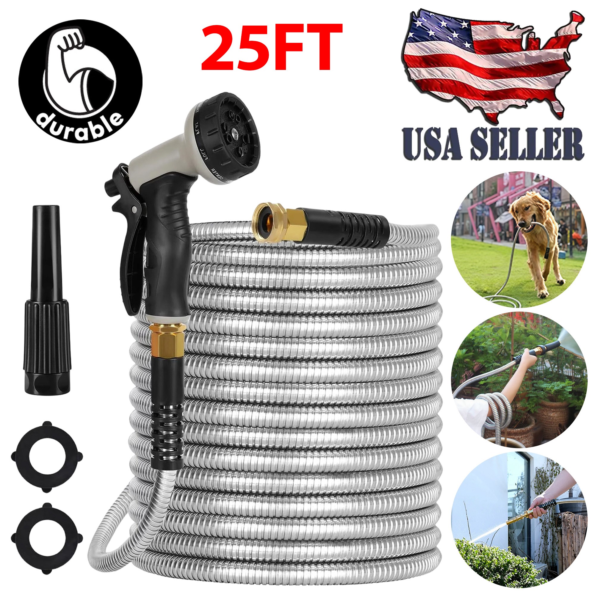 TEMU 50/25ft Stainless Steel Garden Hose - Metal Water Hose With 2 Nozzles, Lightweight, -free And Kink-free, Heavy Duty, High Pressure, Flexible,