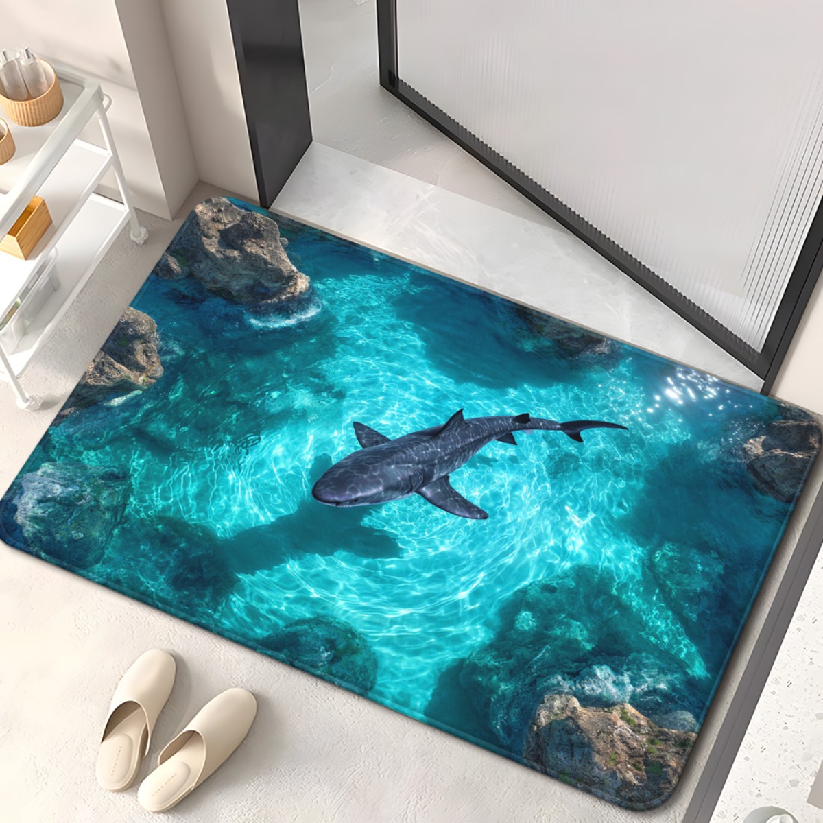 Image of 1pc Shark-themed Door Mat With Turquoise , Made Of 700gsm Non-slip Material. This Microfiber Rug Is Absorbent And Machine Washable, Suitable For Use In The Bathroom, Bedroom, Living Room Entrance