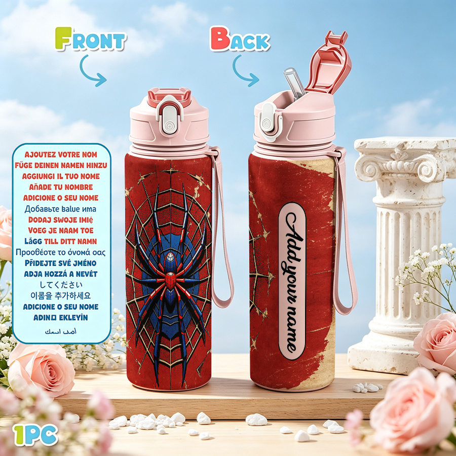 TEMU Custom Personalized Photo Image And Name Text Water Bottle 1pc 750ml 25oz Leakproof Sports Water Bottle Cup A In Red And Blue Sits Of A Webbed,