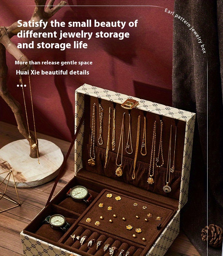 classic jewelry box with lock 4 season multi layer rectangular desktop organizer for earrings necklaces rings watches versatile accessory storage case   release jewelry boxes Product details 0