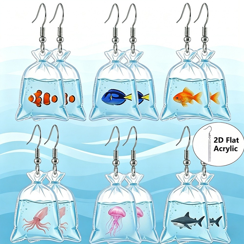 TEMU 2d Flat - 12pcs Women's Acrylic Marine Animal Pendant Earring Set, Cute Clownfish, , Goldfish, Squid, Jellyfish And Shark Water Balloon Shaped