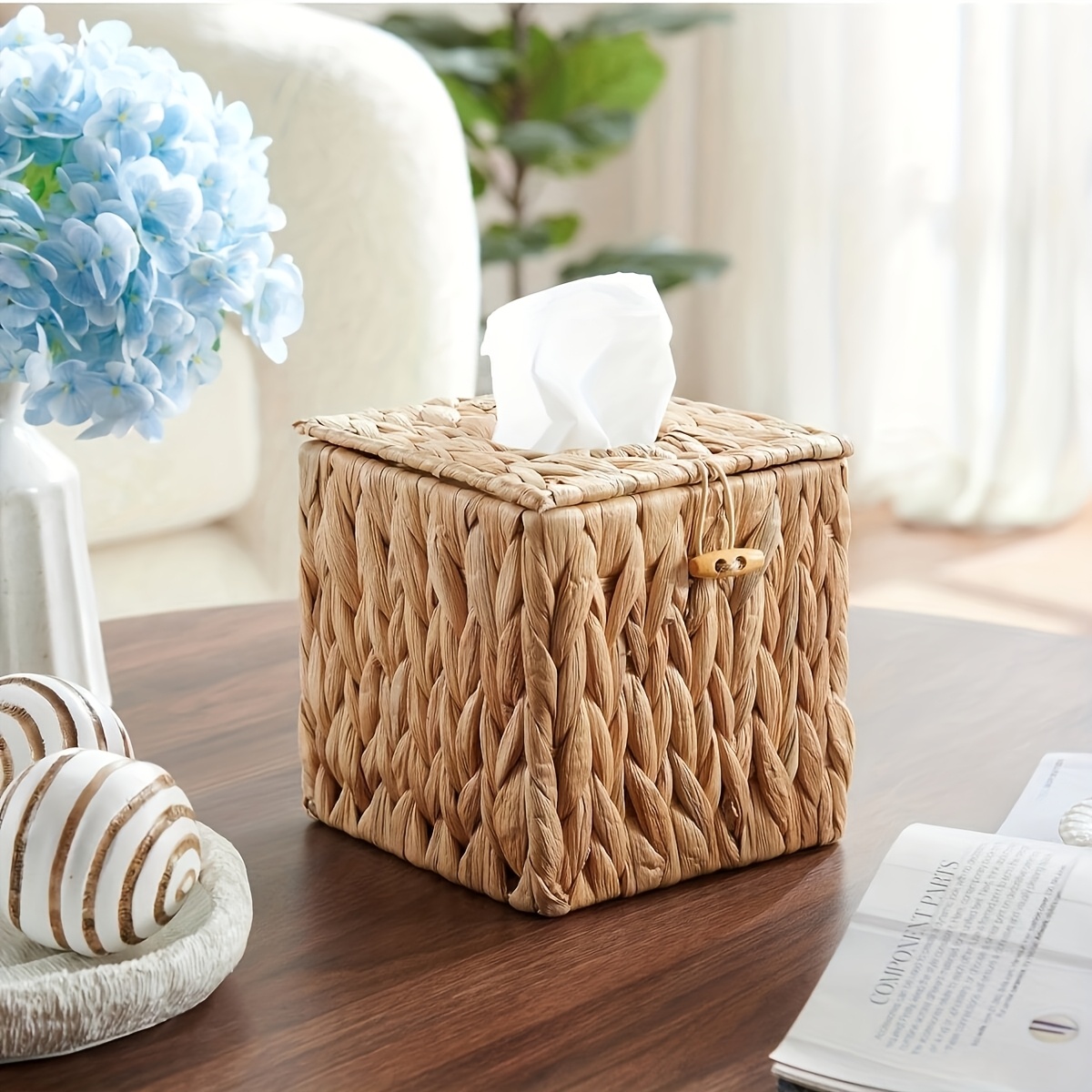 TEMU 1pc Boho Woven Square Tissue Box Cover With Lid & Snap Closure - Lid Suitable For Bathroom, Living Room, Bedroom Storage - Boho Shelf Basket For