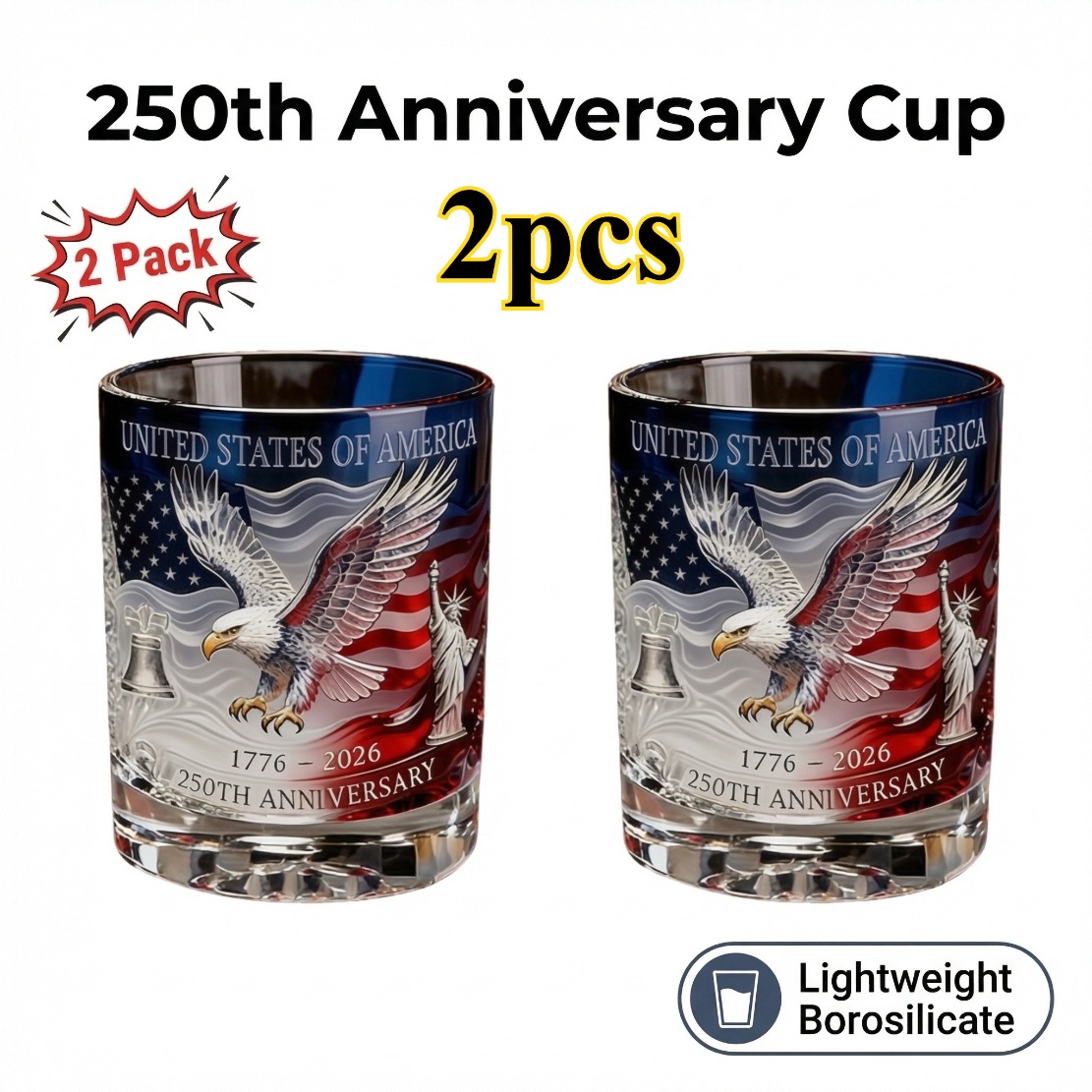 TEMU (2pcs Set) 250th Anniversary Whiskey Glassware - Edition Memorial Gift, Suitable For Whiskey And Wine, Perfect As A Gift For Tableware Or
