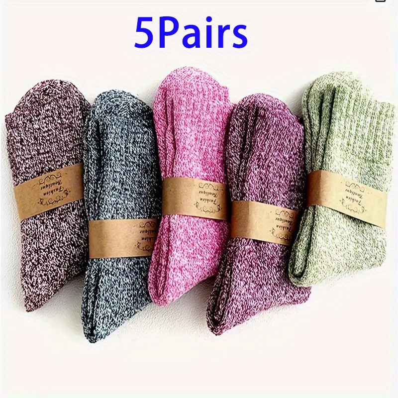 

5 Pairs Women's Warm Wool Knit Calf Socks, Thick Striped Retro Style Winter Socks, Perfect Christmas Gift For Her, Hand Wash Or , Cute Socks