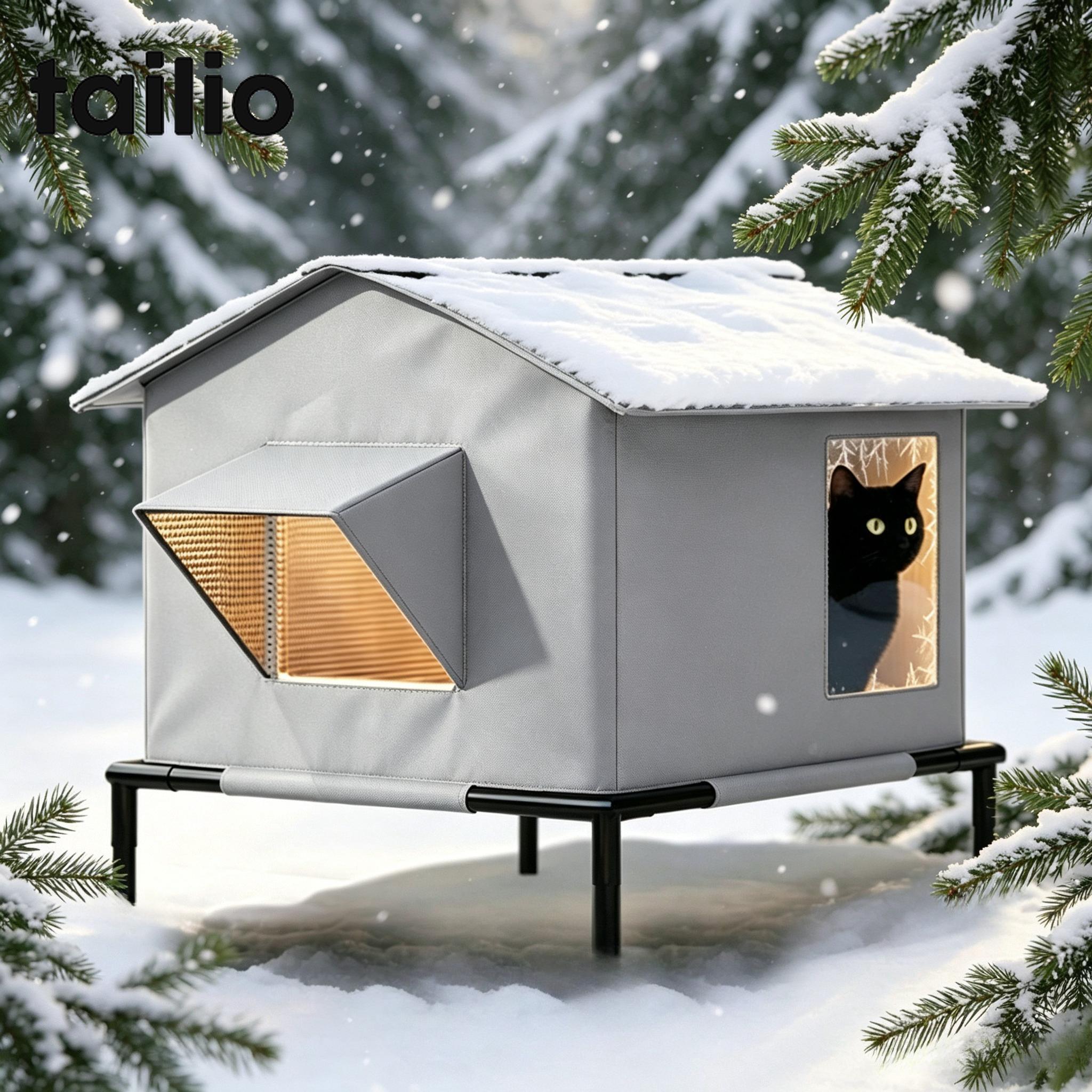 TEMU TAILIO - Maison pour chat d'extérieur résistante aux intempéries avec support surélevé et entrées - Abri imperméable en tissu Oxford pour chats