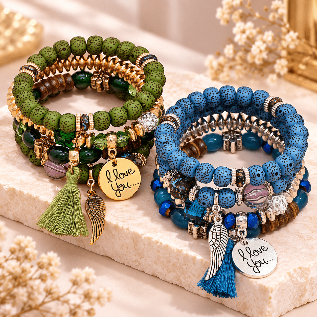TEMU Juego de 8 pulseras apilables de cuentas versátiles de estilo vintage en verde y verde con colgante de borla de naturales y la letra "", pulsera