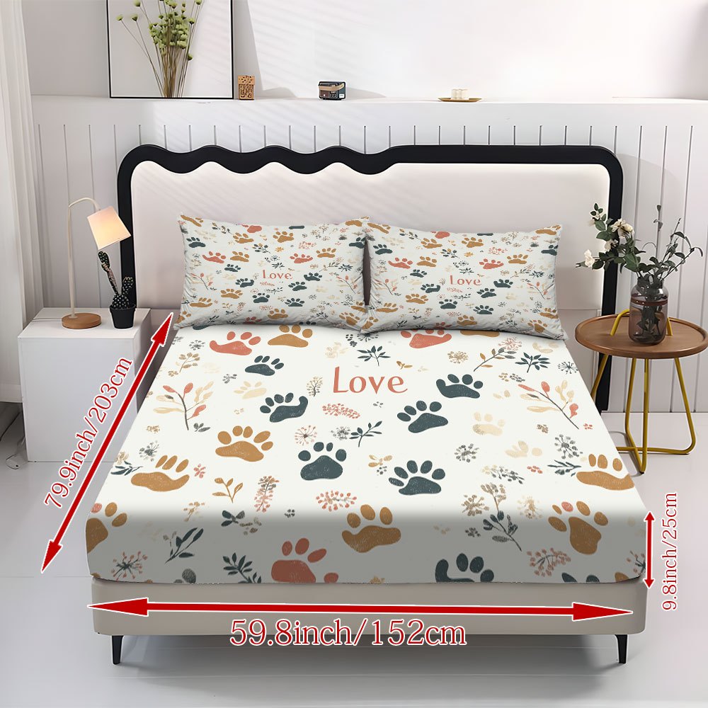 TEMU Vintage-style Distressed Paw Print Floral Bedding, Soft Sheet + Pillowcase 3pcs Set, Heart 'love' Pattern, Cozy Bedroom Decoration, A For Pet