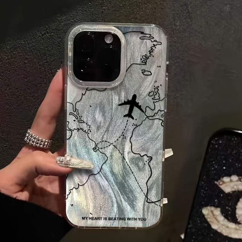 TEMU : A Transparent Phone Case Featuring Maps And Airplane Designs For Iphone, An Adventurous Vibe.