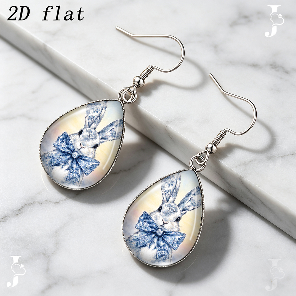 Blue White Snowflake Rabbit Bow Pattern Dangle Earrings
