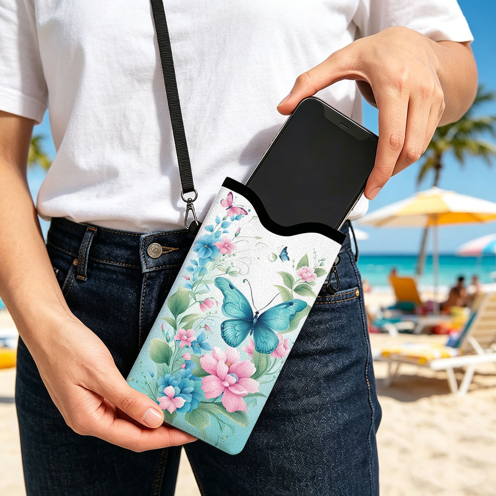TEMU Étui de téléphone à imprimé papillon bleu et rose, sacoche bandoulière imprimée mignonne et style Ins avec sangle d'épaule réglable, portable