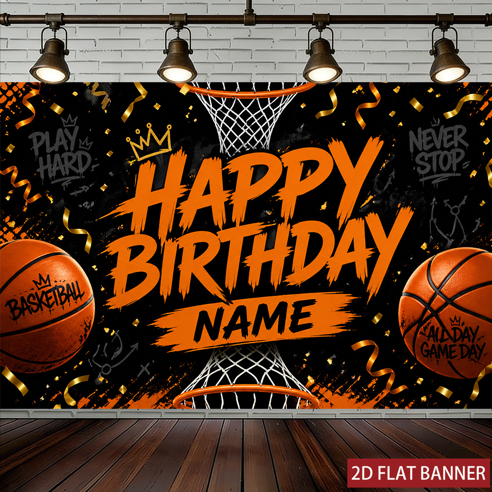TEMU 2d Flat, 2d Banner 1pc, Self- Personalized Custom Photo Name, Flat Printed, Custom Party Banner, Black Background Basketball Themed Birthday