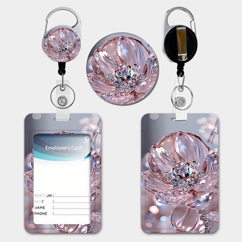 TEMU Rose Inlaid Diamond Pattern Personalized Card Holder With Retractable Lanyard And Key Ring Durable Plastic Card Holder Suitable For Document