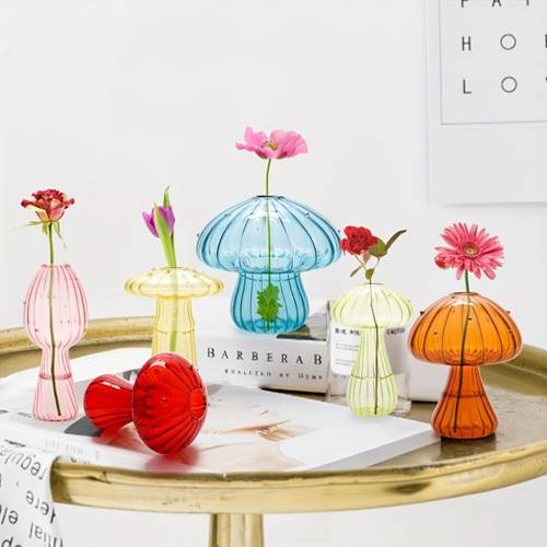 5pcs transparent plastic mushroom vase set mini flower arranger with hydroponic function decor for kitchen windowsills random color