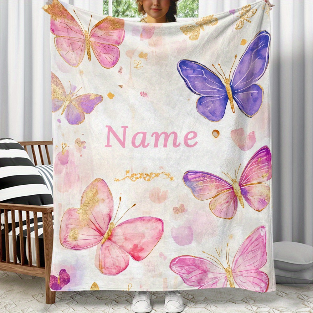 TEMU Couverture en Flanelle Papillon Personnalisée - Douce et Légère avec Motif de Papillons Colorés & Cœur - Option Nom Personnalisé - Parfaite pour
