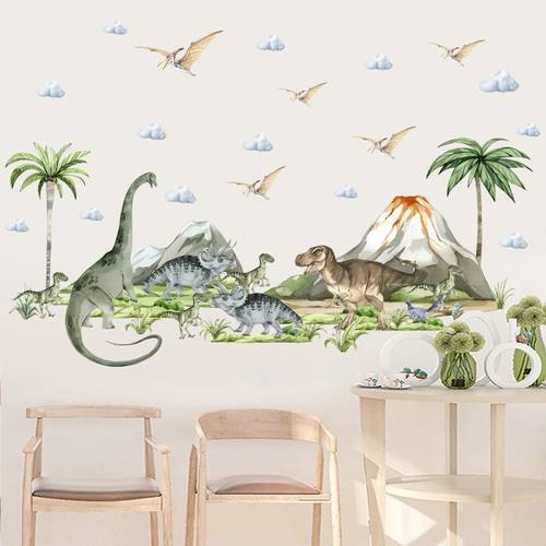 1pc Tropical Dinosaur Wall Decal, Self- Plastic Mural with , Reusable Animal Print Sticker for Bedroom, Washable Oblong Plant Theme Wallpaper KL36026, Dinosaur Room Decor