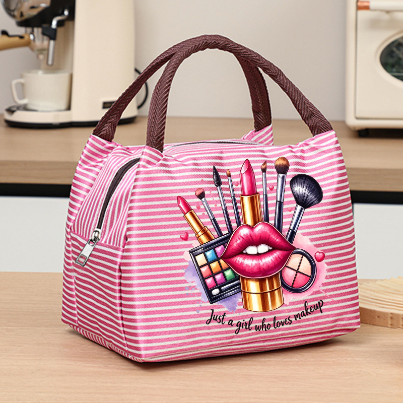 TEMU Sac de rangement à main rayé sur le thème « Just a Who Makeup », impression de rouge à lèvres, pinceaux de maquillage et cosmétiques, portable à