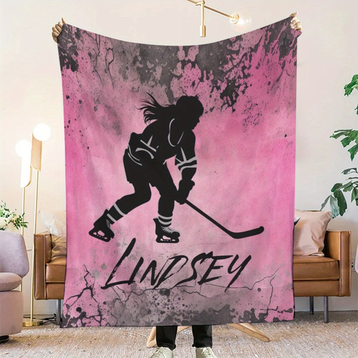 TEMU Couverture en flanelle personnalisée avec un nom sur mesure, un cadeau doux pour les amateurs de hockey sur glace. 1 pièce