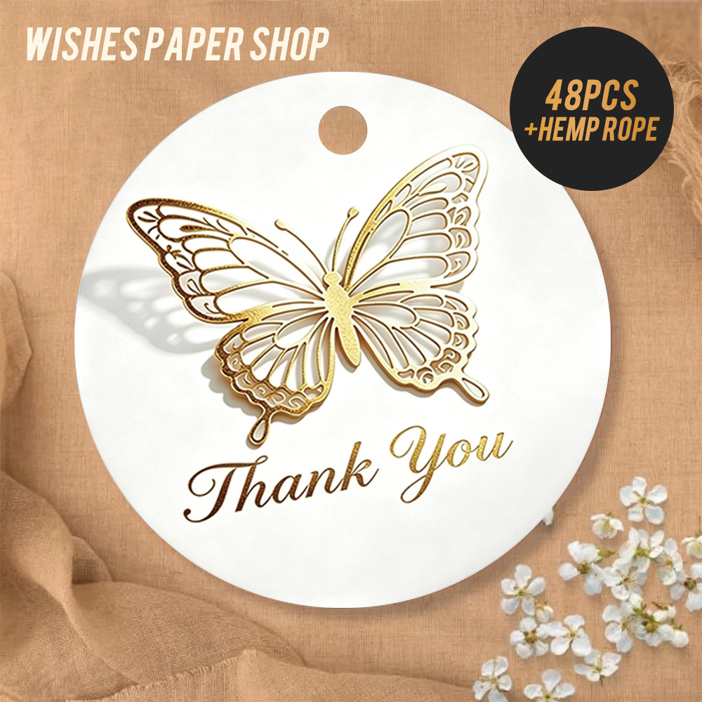 TEMU 48pcs Birthday Thank-you Gift Tags With Twine, Golden Hollow Design, For Elegant Gift Tags, Party Favor Decor, Present Wrapping, Suitable For