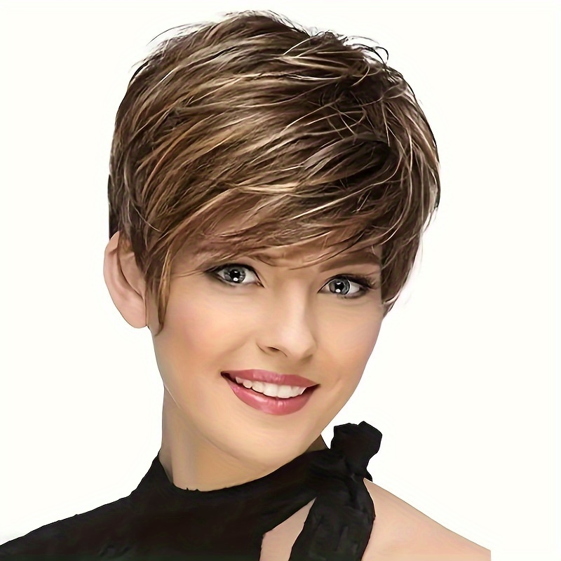 TEMU Women's Elegant Short Cut Wig- Synthetic Hair, Heat Resistant, A Of Styles From
