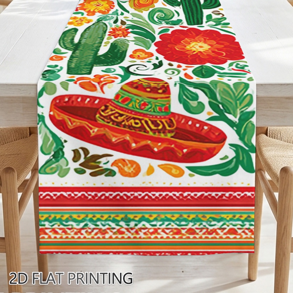 TEMU Chemin de table 2D à impression plate 1pc, Chemin de table en polyester avec motif de fête mexicaine, cactus et fleurs, Décoration de table à