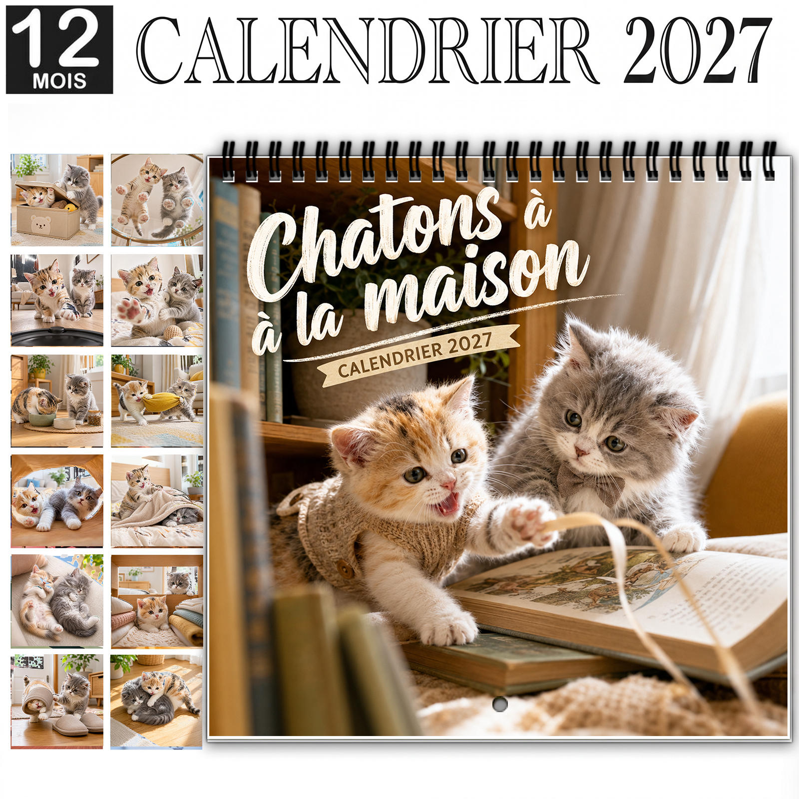 TEMU 2027 Calendrier Mural Chat Halloween, Planificateur Mensuel 12 Mois à Reliure Spirale avec Papier Étincelant Épais, Affiche des Chatons Ludiques