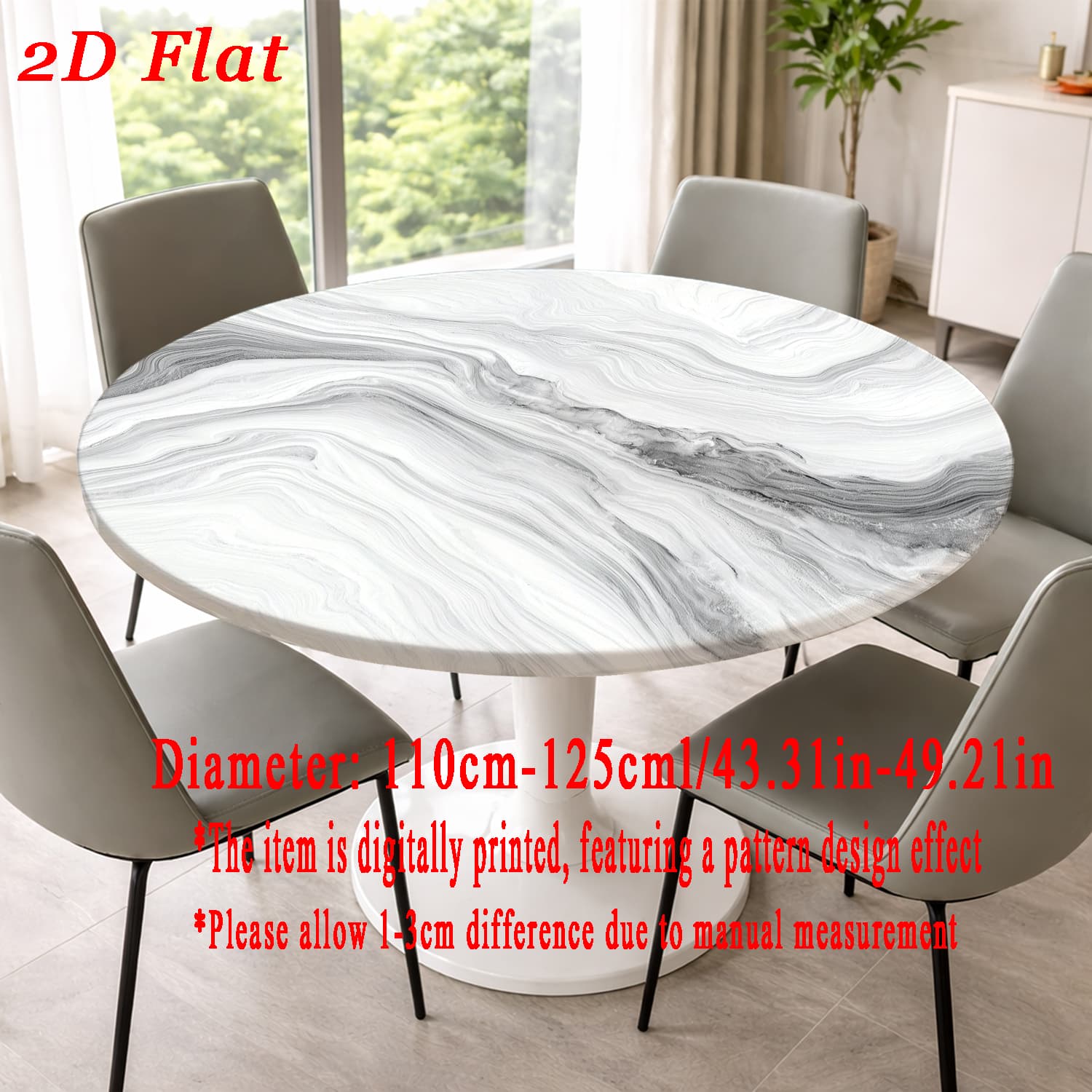 TEMU 2d Flat Gray-white Ripple Pattern, Stretch Round Tablecloth, Elastic Round Tablecloth, Suitable For Round Tables And Round Dining Tables,