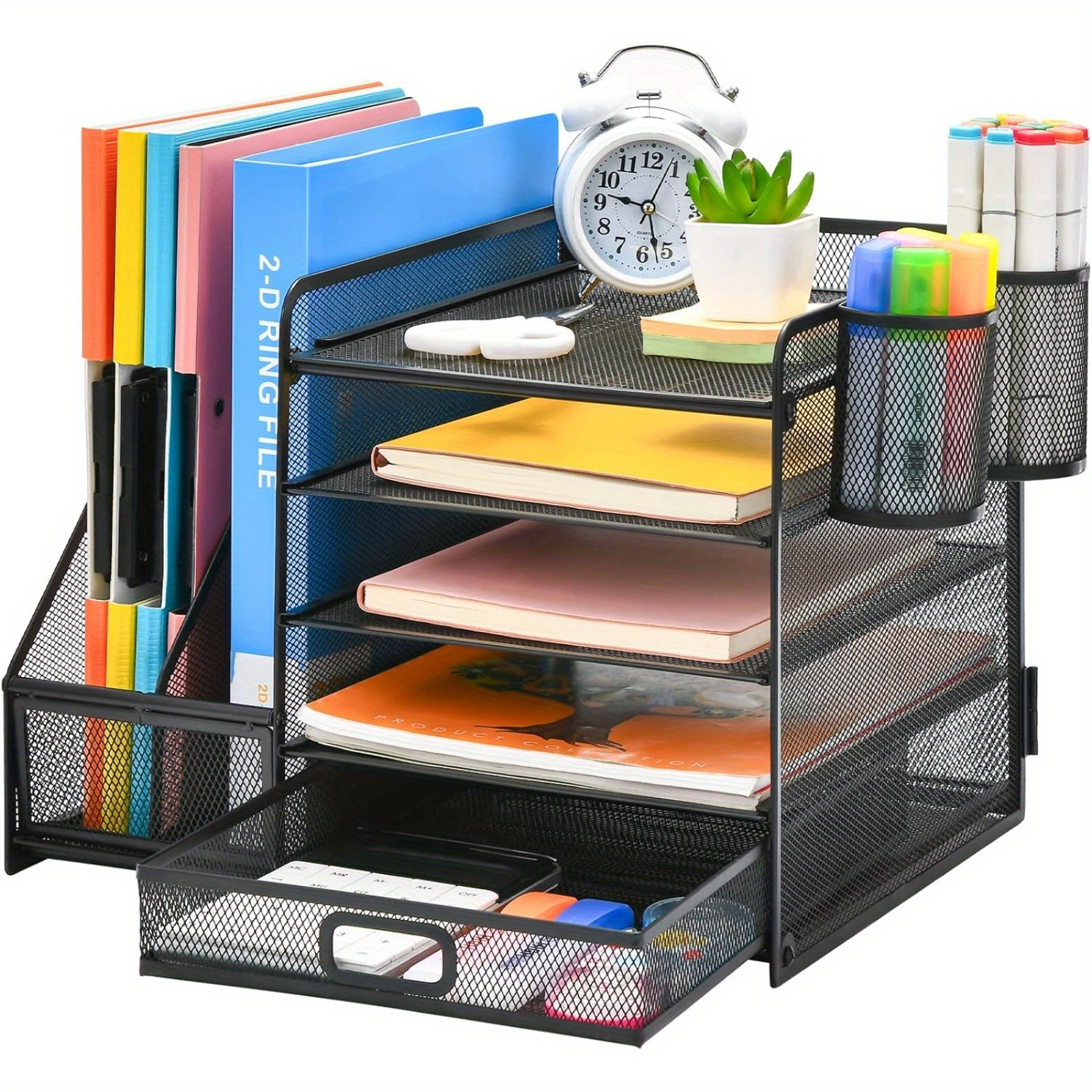 Schreibtisch-Organizer mit Aktenhalter, 5-stufiger Papierbrieftray mit Schublade und 2 Stifthaltern, Schreibtisch-Mesh-Aufbewahrungs-Organizer für Bürobedarf