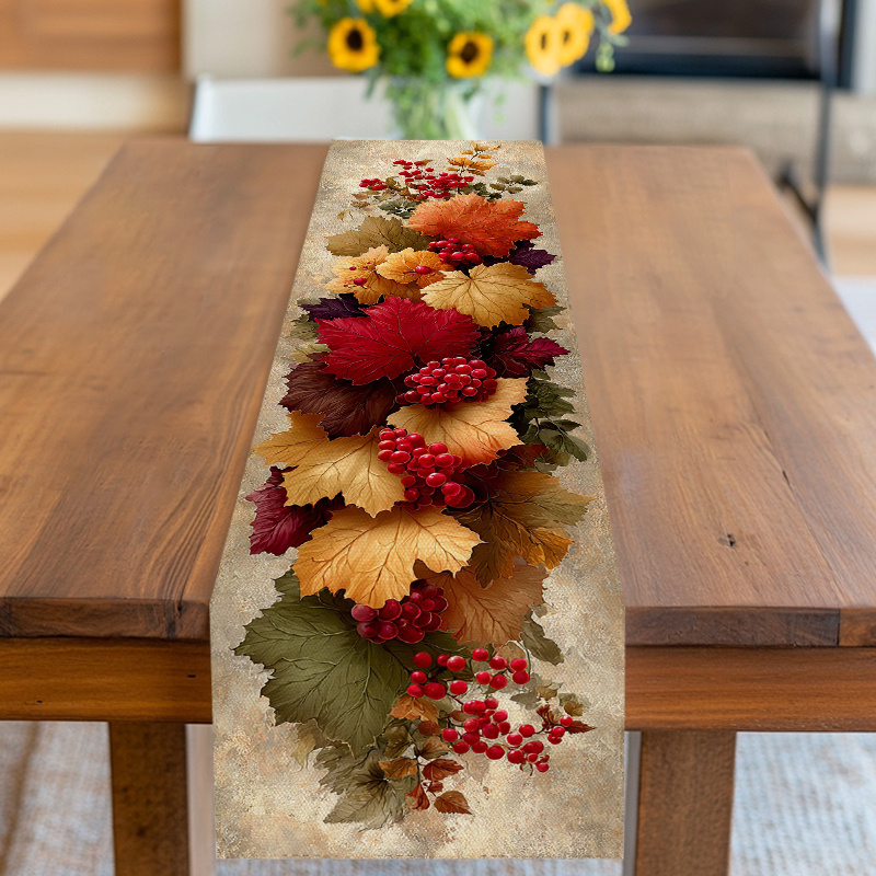TEMU Table Runner With Fall Foliage & Berries - Table Cover Suitable For Thanksgiving, Decor, Multicolor Seasonal Decoration For Home, Restaurants,