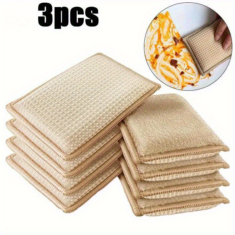 TEMU 3pcs Bamboo Fiber Kitchen Sponges - Absorbent, Durable & Cleaning Pads For Dishes And Surfaces, Strong Decontamination, And Brown, Bamboo Fiber,