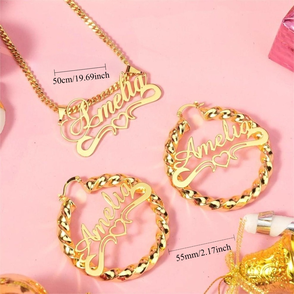 TEMU Custom Melon Seed Clasp Nk Necklace With 55mm Twist Hoop Earrings Set, Personalized Engraved Name Jewelry Set, Custom Earrings And Necklace