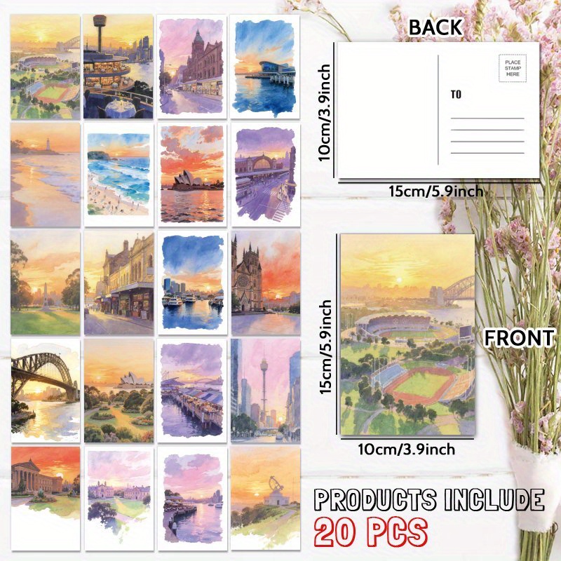 TEMU 20pcs Watercolor Sydney's Sunrise Scenery And Buildings Postcard, Unique Everyday Gift For Family & , Congratulate, Thank You