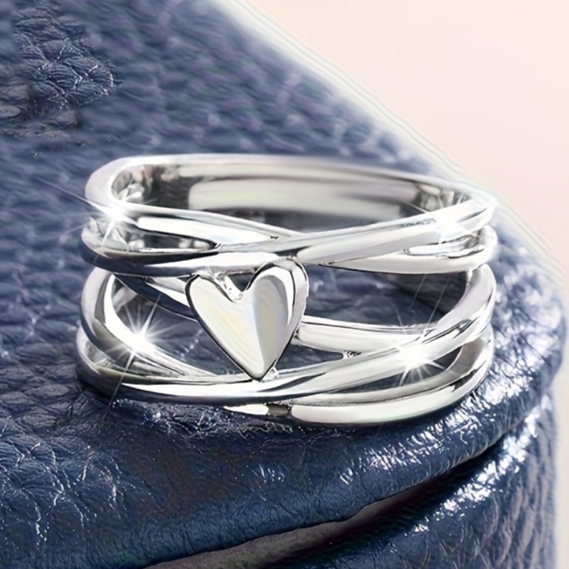 TEMU Silvery Lines Heart For Women Casual Wide Ring Jewelry Valentine's Day Gift