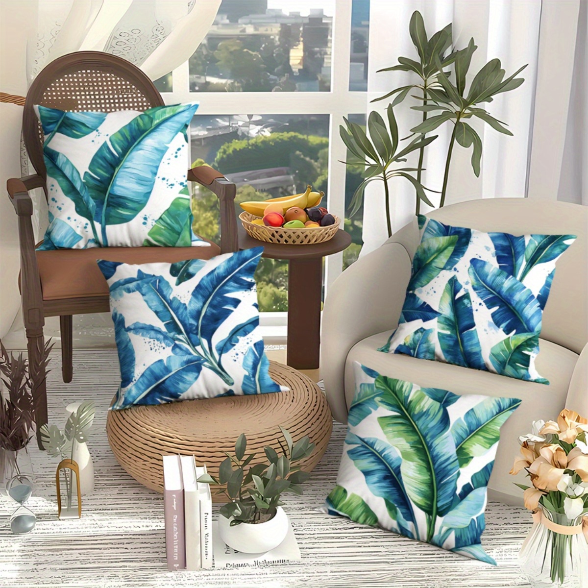 4pcs, Outdoor Patio Cushions with Tropical Leaf Print Summer  RelaxationMachine washable with zipper closure, Coastal Decor, C