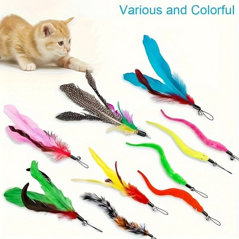 TEMU 12pcs Interactive Cat Toy Set With Retractable Wand, Colorful Feather Attachments, And Bells - Ideal For All , Plush Material, No Batteries Required, Cat Toys Interactive
