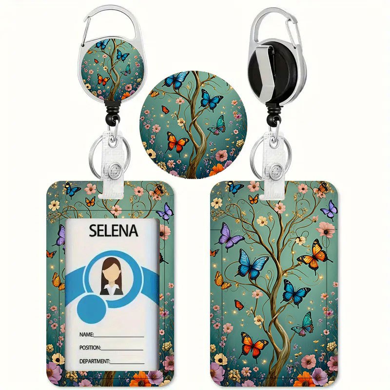 TEMU Tree Light Printed Pattern Card Holder With Retractable Buckle Lanyard - Id And Credit Card Holder, Heavy-duty Lanyard Suitable For Nurses,
