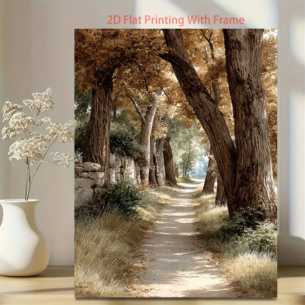 TEMU 2d Flat, 2d Flat, 1pc Framed Forest Path Watercolor Woodland Trail Canvas Wall Art - 1pc X Rustic & Brown Wood Frame, Wrapped For Nature-themed
