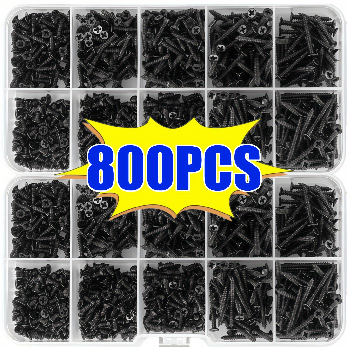 Kit de 800 Piezas de Tornillos Autorroscantes M2, Varios Tamaños y Estilos - Material Metálico Duradero con Hilo Espiral y Cabeza Plana, Ideal para Reparaciones en Carpintería y Montaje Eléctrico, Incluye Caja de Almacenamiento Práctica - Imagen 3