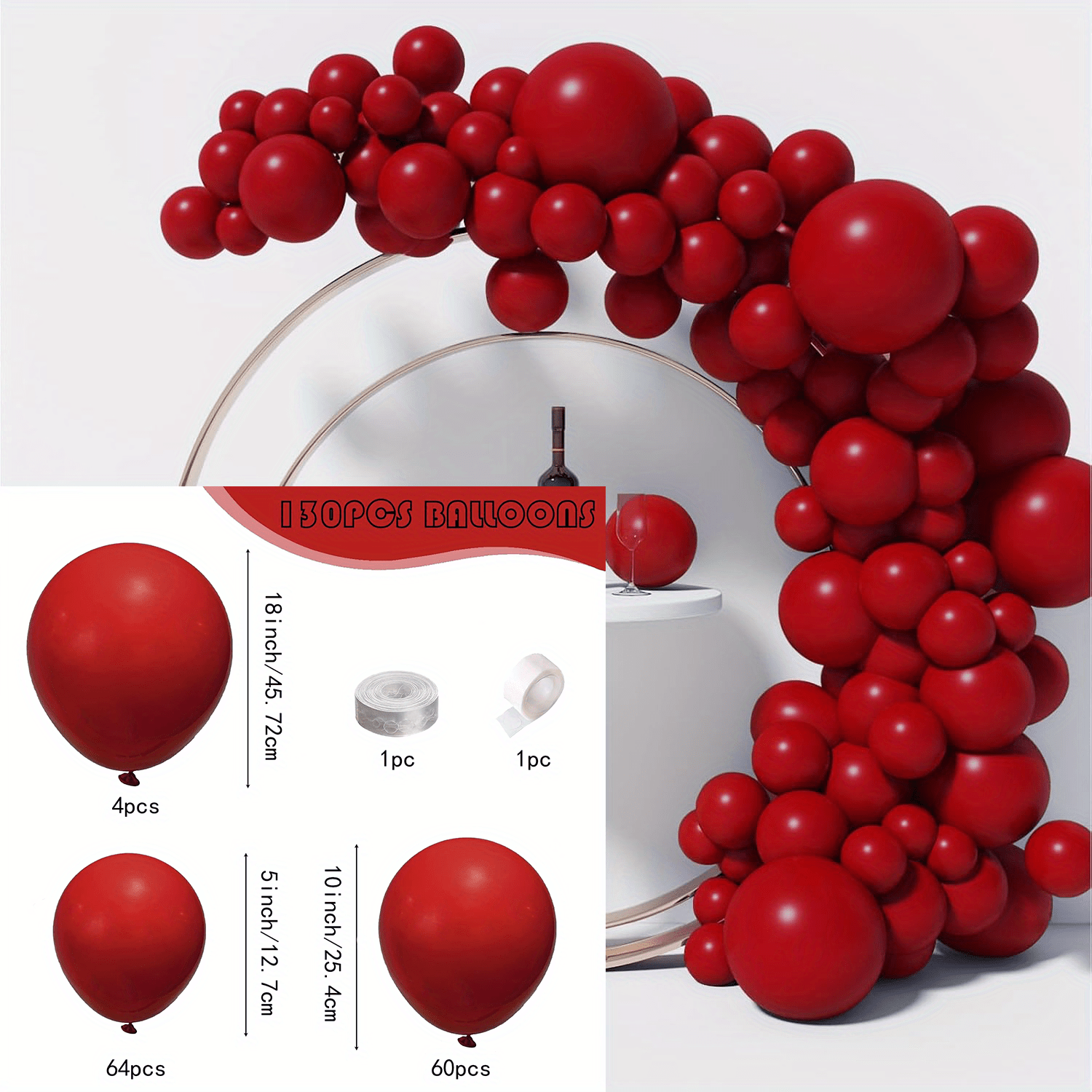 TEMU Kit de couronne et de ballons 130 rubis de différentes tailles 18 pouces, parfait pour les fêtes d'anniversaire, les remises de diplômes, les