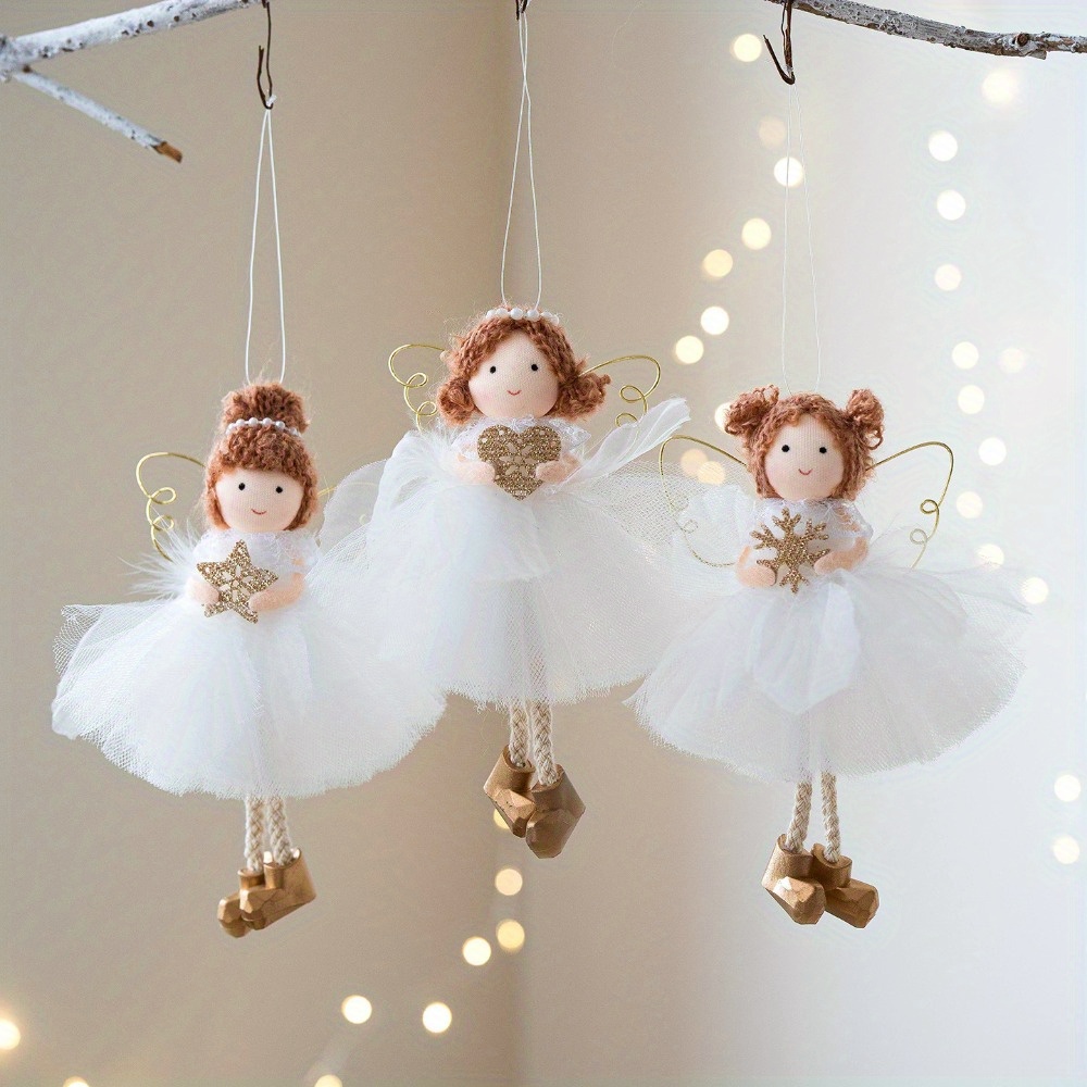 Image of 3pcs Christmas Girl Hanging Ornaments With White Tulle Skirt & Golden Wings - Battery-free Elegant Polyester Decor For Christmas Tree, Home, Winter & New Year Scene Decoration, Christmas Decor