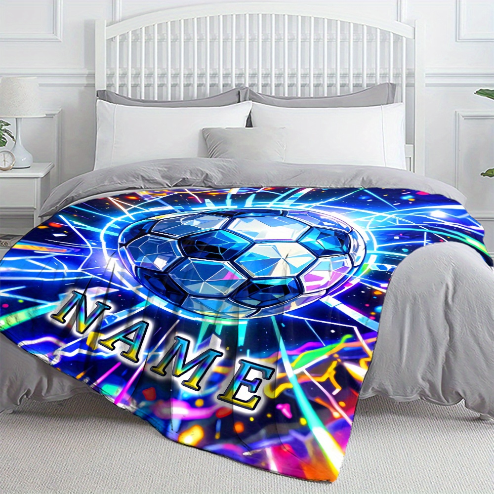 TEMU Custom 1pc Personalized Name Football Pattern Blanket - Lightweight Flannel Throw For Sofa, Bed, Travel, Living Room, Office, Couch, And Bed -