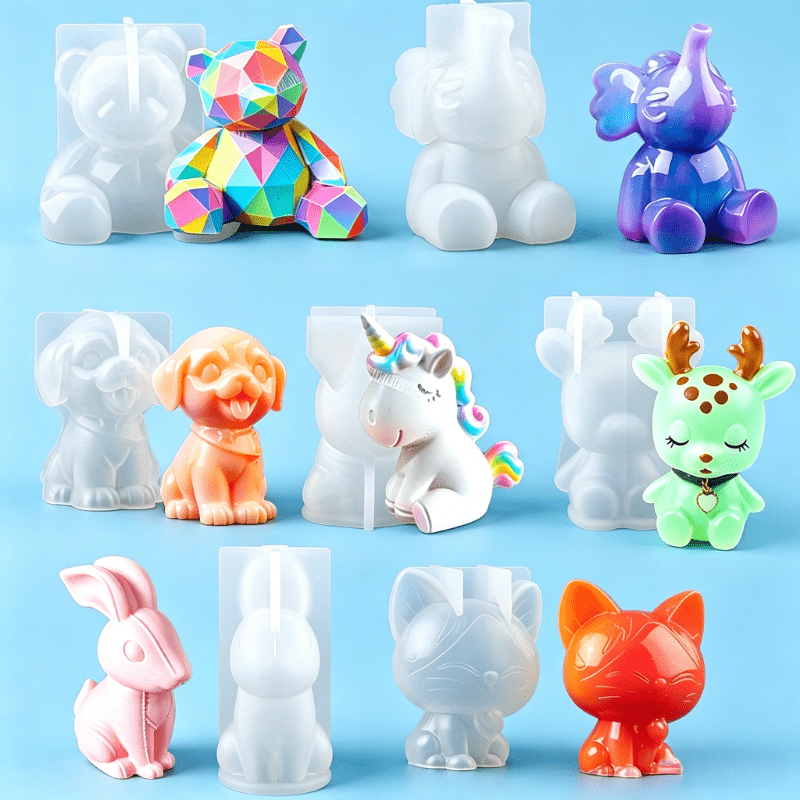 TEMU Set de 7 moules en silicone animaux, moule 3D pour résine/plâtre pour licornes, lapins, ours, cerfs, chatons, chiens, éléphants, moules de