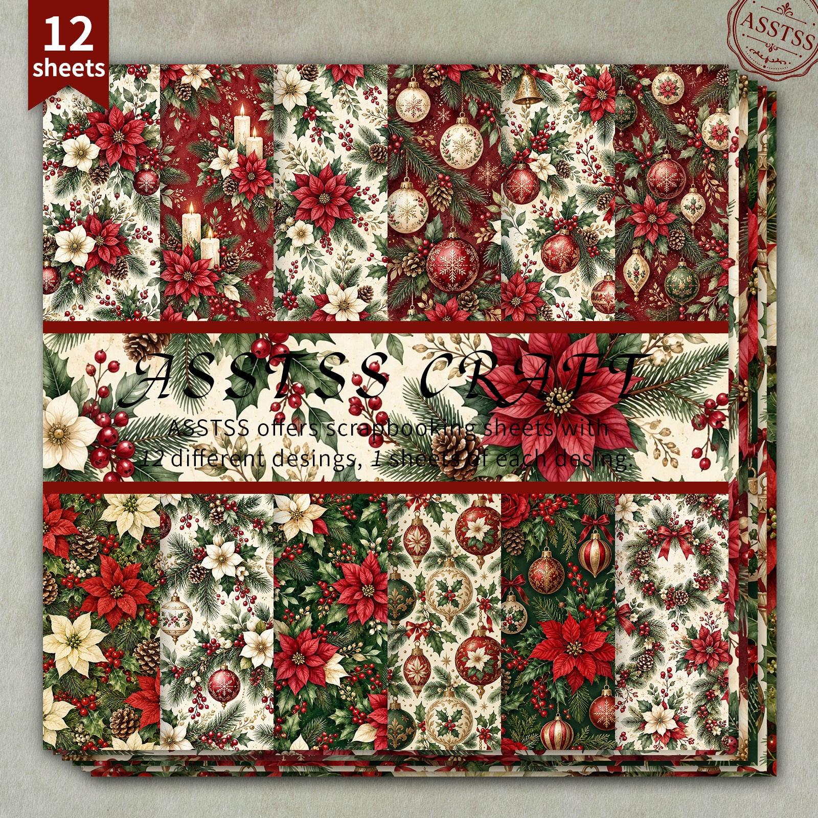 TEMU Bloc de papier épais pour scrapbooking ASSTSS de 12 feuilles, adapté au journaling, au collage et aux loisirs créatifs - Motif vintage de Noël